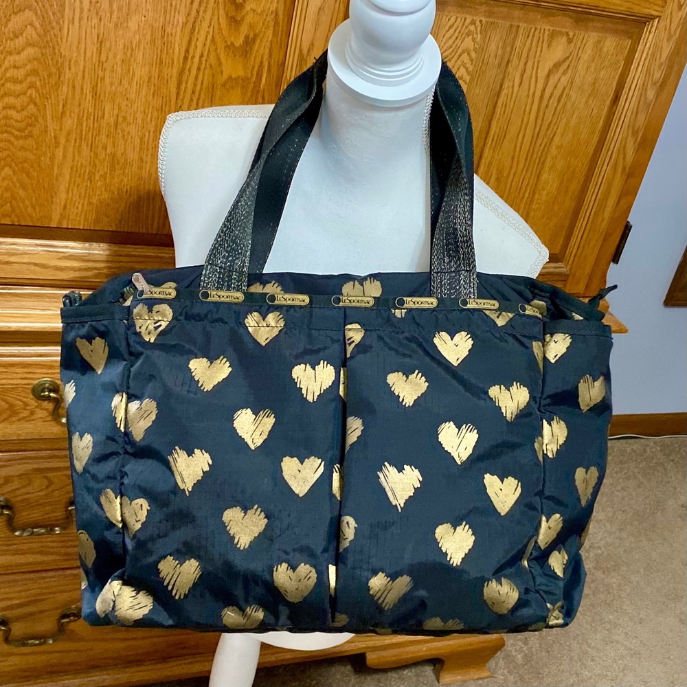 LeSportsac Heart Print Tote Bag Womens Large Black Gold Metallic Nylon Travel